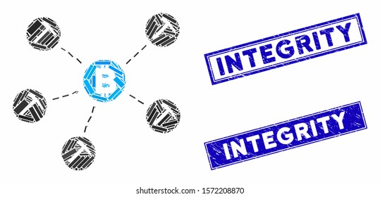 Mosaic Bitcoin mining pool icon and rectangle Integrity seal stamps. Flat vector Bitcoin mining pool mosaic icon of randomized rotated rectangle items. Blue Integrity seal stamps with grunge surface.