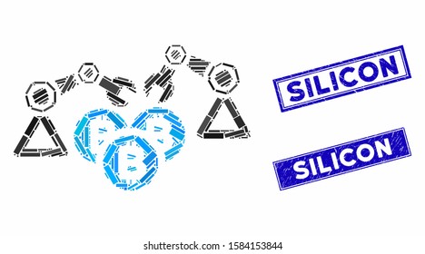 Mosaic Bitcoin mining robotics pictogram and rectangular Silicon seal stamps. Flat vector Bitcoin mining robotics mosaic pictogram of randomized rotated rectangular elements.