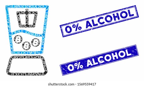 Mosaic Bitcoin mixer icon and rectangular seal stamps. Flat vector Bitcoin mixer mosaic icon of scattered rotated rectangular items. Blue caption seal stamps with grunge textures.