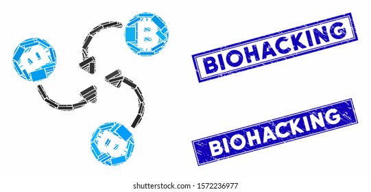 Mosaic Bitcoin mixer swirl icon and rectangle Biohacking stamps. Flat vector Bitcoin mixer swirl mosaic icon of scattered rotated rectangle elements.