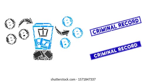 Mosaic Bitcoin mixing service pictogram and rectangle Criminal Record seal stamps. Flat vector Bitcoin mixing service mosaic icon of random rotated rectangle items.