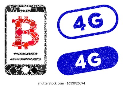 Mosaic Bitcoin mobile payment and grunge stamp seals with 4G caption. Mosaic vector Bitcoin mobile payment is formed with randomized rectangle items. 4G stamp seals use blue color,