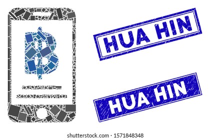 Mosaic Bitcoin mobile payment icon and rectangle Hua Hin seal stamps. Flat vector Bitcoin mobile payment mosaic pictogram of scattered rotated rectangle elements.