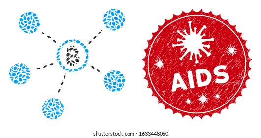 Mosaic Bitcoin network icon and red round grunge stamp watermark with AIDS caption and coronavirus symbol. Mosaic vector is composed with Bitcoin network icon and with random oval elements.