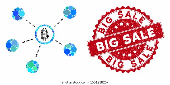 Mosaic Bitcoin network and rubber stamp seal with Big Sale caption. Mosaic vector is composed from Bitcoin network icon and with random round items. Big Sale stamp seal uses red color,