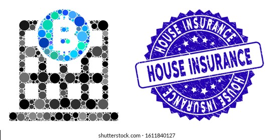 Mosaic Bitcoin office building icon and distressed stamp seal with House Insurance phrase. Mosaic vector is composed with Bitcoin office building pictogram and with random round items.
