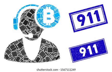 Mosaic Bitcoin operator icon and rectangular seal stamps. Flat vector Bitcoin operator mosaic icon of scattered rotated rectangle items. Blue caption seal stamps with scratched textures.