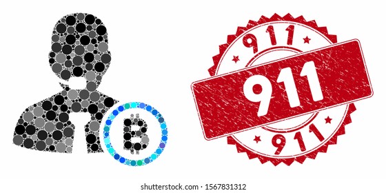 Mosaic Bitcoin operator manager and distressed stamp seal with 911 caption. Mosaic vector is created with Bitcoin operator manager icon and with scattered round items. 911 stamp uses red color,