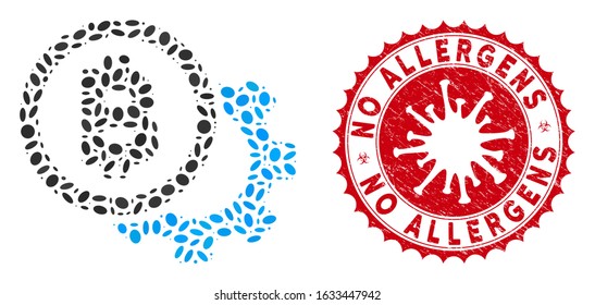 Mosaic Bitcoin options cog icon and red rounded distressed stamp seal with No Allergens caption and coronavirus symbol.