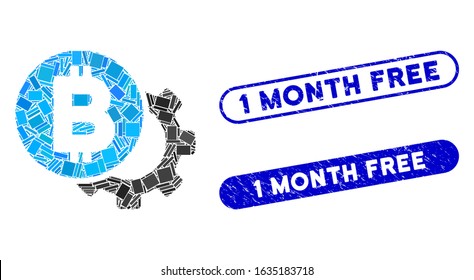 Mosaic Bitcoin options gear and corroded stamp seals with 1 Month Free text. Mosaic vector Bitcoin options gear is formed with random rectangle items. 1 Month Free stamp seals use blue color,