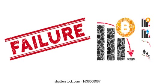 Mosaic Bitcoin panic fall chart pictogram and red Failure stamp between double parallel lines. Flat vector Bitcoin panic fall chart mosaic pictogram of randomized rotated rectangle elements.