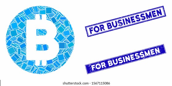 Mosaic Bitcoin pictogram and rectangle rubber prints. Flat vector Bitcoin mosaic pictogram of randomized rotated rectangle elements. Blue caption rubber stamps with distress texture.