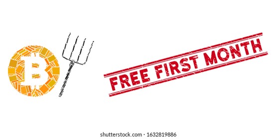 Mosaic Bitcoin pitchfork pictogram and red Free First Month rubber print between double parallel lines. Flat vector Bitcoin pitchfork mosaic pictogram of scattered rotated rectangular items.