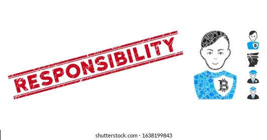 Mosaic Bitcoin police officer pictogram and red Responsibility seal stamp between double parallel lines. Flat vector Bitcoin police officer mosaic pictogram of random rotated rectangular items.