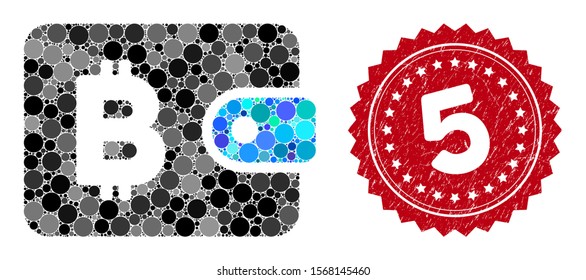 Mosaic Bitcoin pouch and distressed stamp seal with 5 caption. Mosaic vector is formed with Bitcoin pouch icon and with randomized round spots. 5 stamp seal uses red color, and rubber design.