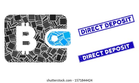Mosaic Bitcoin pouch icon and rectangular Direct Deposit seal stamps. Flat vector Bitcoin pouch mosaic icon of randomized rotated rectangular items.