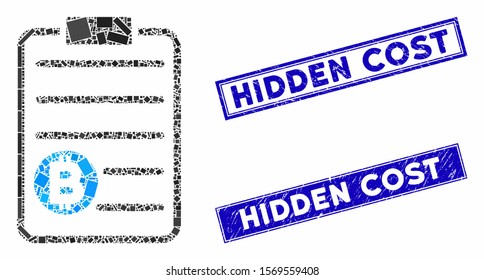 Mosaic Bitcoin price list icon and rectangle seals. Flat vector Bitcoin price list mosaic icon of random rotated rectangle items. Blue caption stamps with grunged textures.