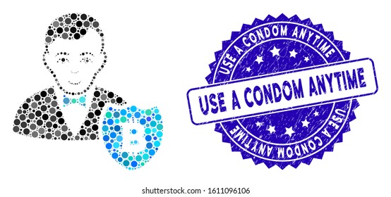 Mosaic Bitcoin protector icon and distressed stamp seal with Use a Condom Anytime phrase. Mosaic vector is created from Bitcoin protector icon and with randomized spheric elements.