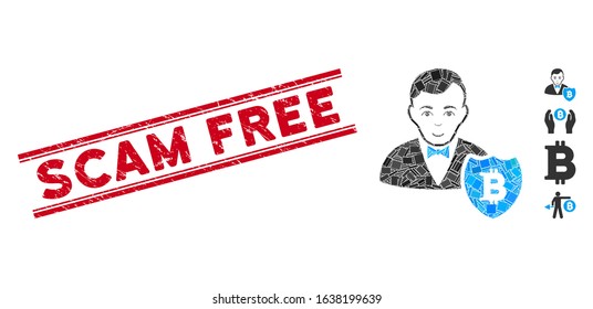 Mosaic Bitcoin protector pictogram and red Scam Free stamp between double parallel lines. Flat vector Bitcoin protector mosaic pictogram of scattered rotated rectangular elements.