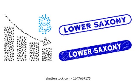 Mosaic Bitcoin recession bar chart and rubber stamp seals with Lower Saxony caption. Mosaic vector Bitcoin recession bar chart is created with random elliptic items. Lower Saxony seals use blue color,
