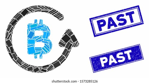 Mosaic Bitcoin refund icon and rectangular Past seal stamps. Flat vector Bitcoin refund mosaic icon of scattered rotated rectangle items. Blue Past seal stamps with distress surface.