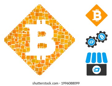 Mosaic Bitcoin rhombus icon constructed from square elements in variable sizes and color hues. Vector square items are organized into abstract mosaic bitcoin rhombus icon. Bonus pictograms are placed.