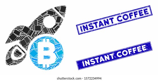 Mosaic Bitcoin rocket pictogram and rectangular Instant Coffee seals. Flat vector Bitcoin rocket mosaic pictogram of scattered rotated rectangular elements.