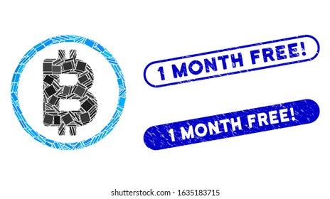 Mosaic Bitcoin rounded and distressed stamp seals with 1 Month Free! text. Mosaic vector Bitcoin rounded is created with scattered rectangle items. 1 Month Free! stamp seals use blue color,