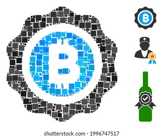 Mosaic Bitcoin seal icon constructed from square items in different sizes and color hues. Vector square items are composed into abstract mosaic Bitcoin seal icon. Bonus pictograms are added.