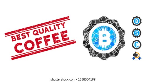 Mosaic Bitcoin seal pictogram and red Best Quality Coffee rubber print between double parallel lines. Flat vector Bitcoin seal mosaic pictogram of random rotated rectangle items.