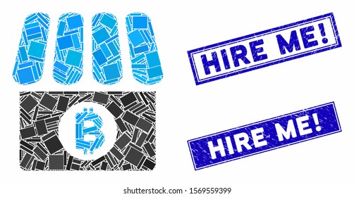 Mosaic Bitcoin shop icon and rectangle rubber prints. Flat vector Bitcoin shop mosaic icon of scattered rotated rectangle elements. Blue caption rubber stamps with scratched texture.