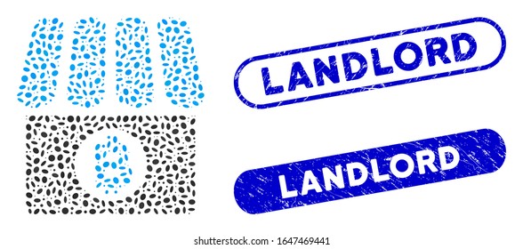 Mosaic Bitcoin shop and rubber stamp seals with Landlord phrase. Mosaic vector Bitcoin shop is designed with randomized ellipse dots. Landlord stamp seals use blue color,
