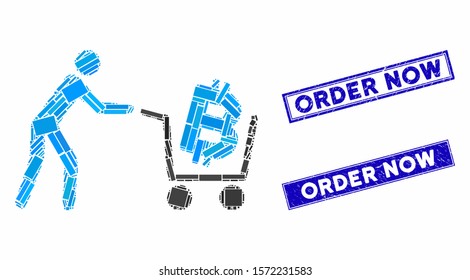 Mosaic Bitcoin shopping cart icon and rectangle Order Now seals. Flat vector Bitcoin shopping cart mosaic icon of randomized rotated rectangle items. Blue Order Now rubber seals with grunged textures.