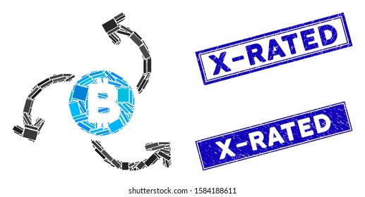 Mosaic Bitcoin source swirl icon and rectangle X-Rated seal stamps. Flat vector Bitcoin source swirl mosaic icon of random rotated rectangle items. Blue X-Rated seal stamps with grunge surface.