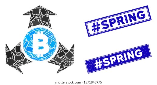 Mosaic Bitcoin spend arrows icon and rectangular #Spring seals. Flat vector Bitcoin spend arrows mosaic icon of scattered rotated rectangular items. Blue #Spring rubber seals with corroded texture.