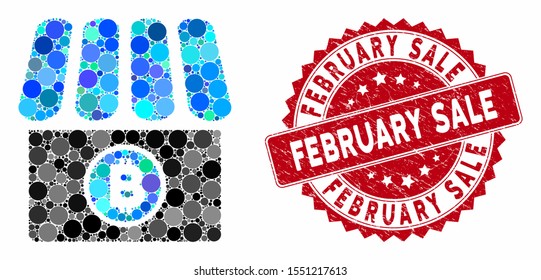 Mosaic Bitcoin store and corroded stamp seal with February Sale phrase. Mosaic vector is created with Bitcoin store icon and with scattered spheric items. February Sale stamp uses red color,