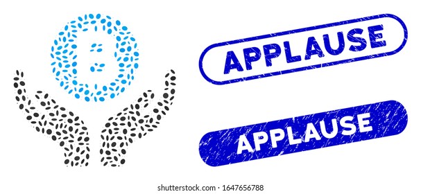 Mosaic Bitcoin support hands and grunge stamp seals with Applause caption. Mosaic vector Bitcoin support hands is composed with randomized elliptic dots. Applause stamp seals use blue color,