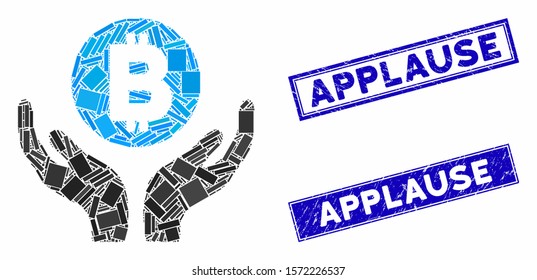 Mosaic Bitcoin support hands icon and rectangular Applause seal stamps. Flat vector Bitcoin support hands mosaic icon of scattered rotated rectangle elements.