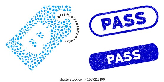 Mosaic Bitcoin tag and distressed stamp seals with Pass caption. Mosaic vector Bitcoin tag is composed with random oval parts. Pass stamp seals use blue color, and have round rectangle shape.