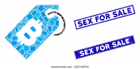 Mosaic Bitcoin tag pictogram and rectangular seal stamps. Flat vector Bitcoin tag mosaic pictogram of random rotated rectangular items. Blue caption seal stamps with grunge texture.