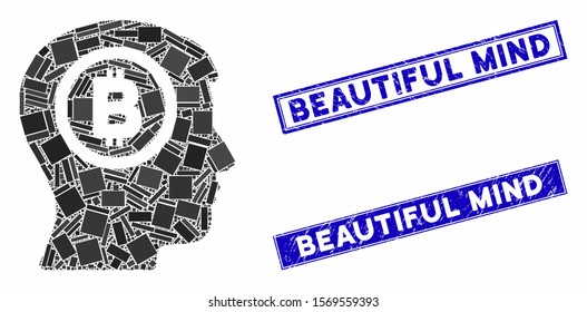 Mosaic Bitcoin thinking head icon and rectangular seal stamps. Flat vector Bitcoin thinking head mosaic pictogram of randomized rotated rectangular elements.