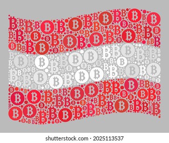 Mosaic bitcoin waving Austria flag created of bitcoin icons. Vector mosaic waving Austria flag designed for bank projects. Austria flag collage is created from scattered bit coin parts.
