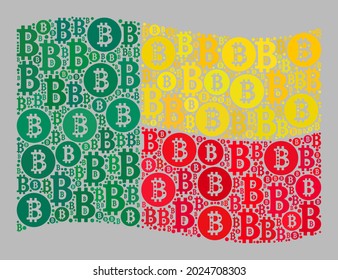 Bitcoin mosaico ondeando la bandera de Benín diseñada con íconos de bitcoin. Mosaico vectorial ondeando la bandera de Benín combinada con fines de punto a punto. El collage de la bandera de Benín se organiza con elementos de baht tailandeses al azar.