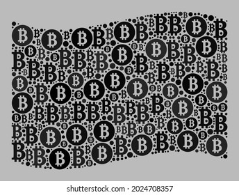 Mosaic bitcoin waving black flag created with bitcoin items. Vector collage waving black flag done for BTC propaganda. Black flag collage is done of scattered BTC particles.
