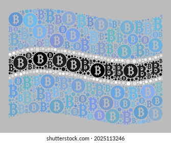 Mosaic bitcoin waving Botswana flag created with bitcoin items. Vector mosaic waving Botswana flag constructed for peer-to-peer posters.
