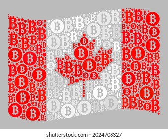 Bitcoin mosaico ondeando la bandera de Canadá diseñada con íconos de bitcoin. Mosaico vectorial ondeando la bandera de Canadá hecho para proyectos comerciales. El collage de la bandera de Canadá tiene forma de íconos dispersos de criptomonedas.