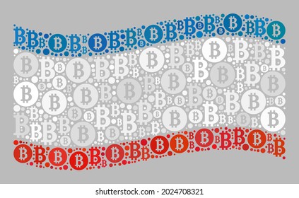 Mosaic bitcoin waving Crimea flag constructed with bitcoin icons. Vector collage waving Crimea flag organized for crypto currency advertisement.