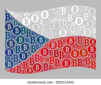 Mosaic bitcoin waving Czech flag created of bitcoin items. Vector collage waving Czech flag designed for commerce illustrations. Czech flag collage is composed of scattered bit coin parts.
