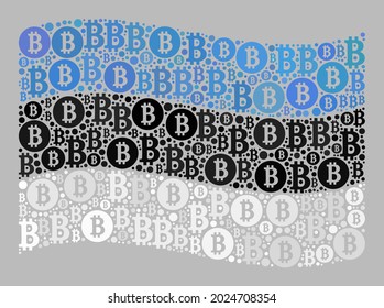 Mosaic bitcoin waving Estonia flag created of bitcoin elements. Vector collage waving Estonia flag done for crypto currency purposes. Estonia flag collage is formed of random crypto-currency parts.