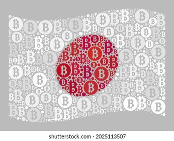 Mosaic bitcoin waving Japan flag designed of bitcoin icons. Vector collage waving Japan flag created for currency posters. Japan flag collage is done of scattered crypto currency icons.